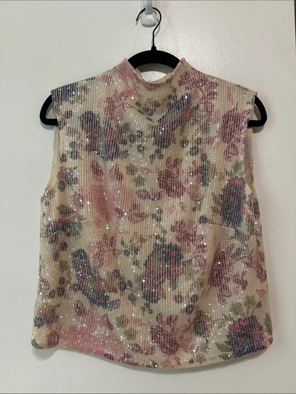 Anthropologie Sequin Floral Mock-Neck Tank in Cream & Pink